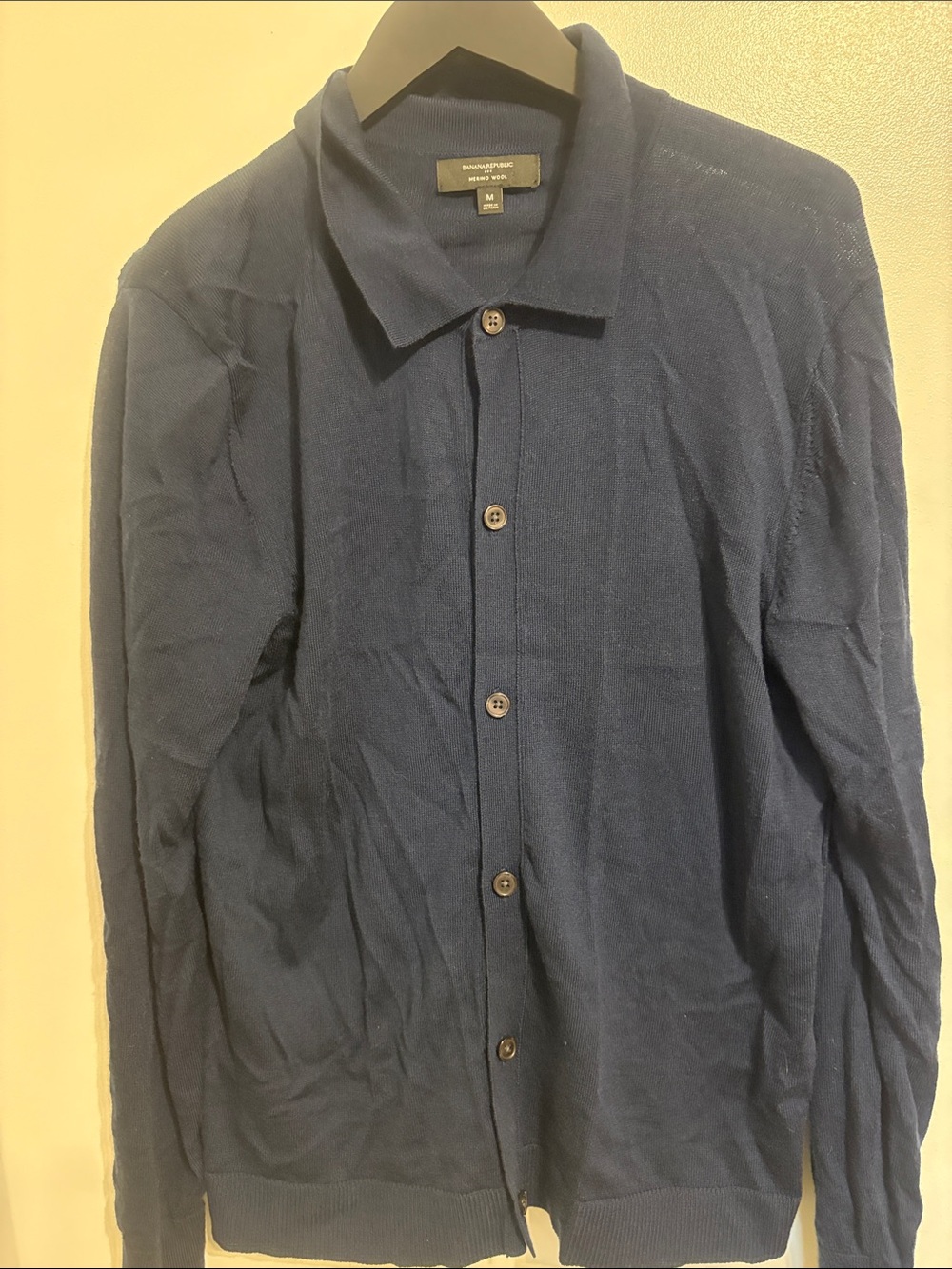 Banana Republic Men's Navy Button-Front Collared Cardigan 100% merino wool